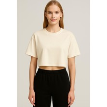 Axxel Kadın Krem Kısa Kollu Oversize T-SHIRT-D814