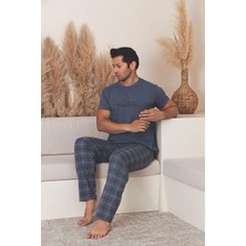 Ercan Erkek Kısa Kol Uzun Alt Ekose Desenli Mavi Pijama Takımı