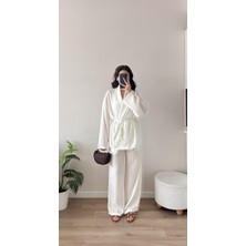 Melvien Beyaz Şal Yaka Keten Takım (Oversize Kalıp)