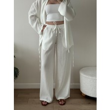 Melvien Beyaz Şal Yaka Keten Takım (Oversize Kalıp)