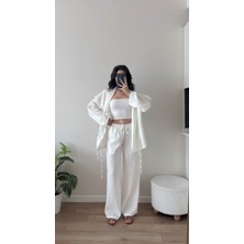 Melvien Beyaz Şal Yaka Keten Takım (Oversize Kalıp)