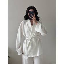 Melvien Beyaz Şal Yaka Keten Takım (Oversize Kalıp)