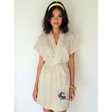 Yay Burcu Tasarımlı Ekru Renk Düşük Kol Müslin Kimono