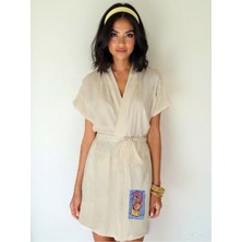 Grafik Balık Desenli Ekru Renk Düşük Kol Müslin Kimono