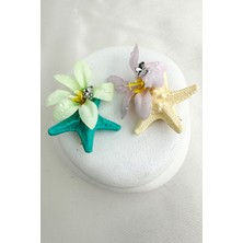 Yeşil Beyaz Deniz Yıldızı Fiyonk Taş Detay Çiçek Ikili Yan Toka(6cm)