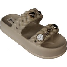 Yazkış Kadın Siyah Krem Yeşil Gri Çift Bantlı Üzeri Taşlı Kauçuk Deniz Plaj Havuz Terlik