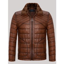 Hakiki Deri Kahverengi Erkek Deri Mont Düz Çizgi Desenli Yan Cepli Şişme Deri Ceket