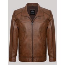 Hakiki Deri Kahverengi Erkek Deri Mont Yan Cepli Fermuarlı Deri Ceket