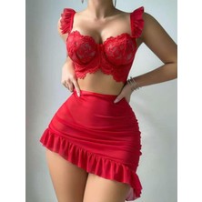 Kırmızı Fırfırlı Braletli Dantelli Fırfırlı Etekli Tül 2'li Takım (Tanga Hediyeli)
