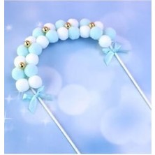 Pasta Kek Dekorasyon Mavi Beyaz Tüy Topu Kemer Balon Kek Toppers Doğum Günü Partisi Dekor Süsü