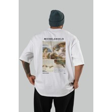 Michelangelo Arka Baskılı Oversize T-Shirt Erkek Kadın Bisiklet Yaka Pamuk Tişort