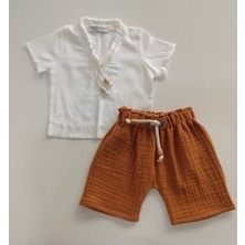 Terzim Ayşenur Çocuk Müslin Şort Tişörtlü Şort Takım  Yeşil - Turuncu - Tarçın Renkler 0-6 Yaş