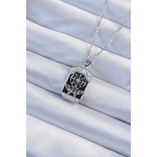 316L Çelik Zincir Gümüş Renk Işlemeli Siyah Mineli Tarot Kolye