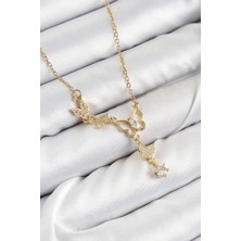 316L Çelik Zirkon Taşlı Kelebek Model Gold Renk Kadın Kolye