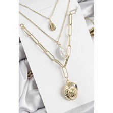 Pirinç Çoklu Zincirli Incili Deniz Kabuğu Model Gold Renk Kadın Kolye