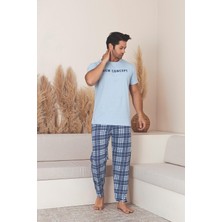 Ercan Erkek Kısa Kol Uzun Alt Ekose Desenli Açık Mavi Pijama Takımı