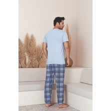 Ercan Erkek Kısa Kol Uzun Alt Ekose Desenli Açık Mavi Pijama Takımı