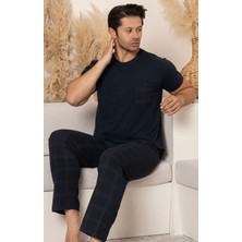 Ercan Erkek Kısa Kol Uzun Alt Ekose Desenli Lacivert Pijama Takımı