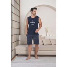 Ercan Erkek Sıfır Kol Şortlu Lacivert Ekoseli Pijama Takımı