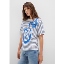 Mavi Bugs Bunny Baskılı Çizgili Beyaz Tişört 1613668-86676