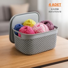 Damla Desen Kapaklı Saklama Sepeti Buz Gri 3,3 Litre | Organizer Sepet 23,5 x 17,5 x 12 cm - 4 Adet