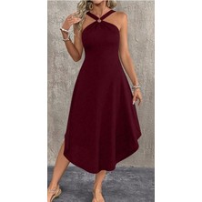 Ag Shoppings Kadın Boyundan Çapraz Askılı Halka Detaylı Asimetrik Kesim Viskon Elbise