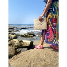 H Harfli Jüt Clutch Çanta, Şık ve Kullanışlı, Doğa Dostu Tasarım.