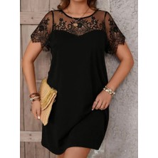 Arben Boutique Kadın Kısa Kollu Dantel Bisiklet Yaka ve Kol Dantel Detaylı Janjan Krep Elbise