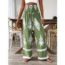 Ahes Shopping Kadın Yüksek Bel Büzgülü Etnik Desen Baskılı Süprem Pantolon