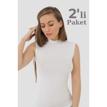 Arma Yıldız 2 Adet Beyaz Bambu Kadın Balıkçı Yaka Sıfır Kol Body Boğazlı Kolsuz Badi