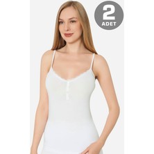 Arma Yıldız İp Askılı Beyaz Kadın Düğmeli Atlet 2'li Paket Pamuklu Likralı