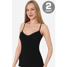 Arma Yıldız İp Askılı Siyah Kadın Düğmeli Atlet 2'li Paket Pamuklu Likralı