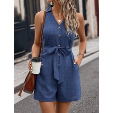 Arben Boutique Kadın Sıfır Kollu Yakalı Düğmeli Belden Kuşaklı Kısa Keten Tulum