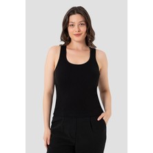 Kadın Fitilli Görünümlü Kalın Askılı Basic Siyah Atlet