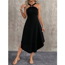 Kadın Boyundan Çapraz Askılı Halka Detaylı Asimetrik Kesim Viskon Elbise