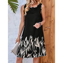 Kadın Askılı Yuvarlak Yakalı Yaprak Desenli Dalgıç Elbise