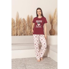 Kısa Kollu Çilek Desenli Pijama Takımı - Bordo