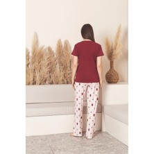 Kısa Kollu Çilek Desenli Pijama Takımı - Bordo