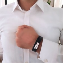 V Harfine Özel 925 Ayar Gümüş Plakalı Siyah Derili Türkiye Haritalı Hediye BILEKLIK-441HARF