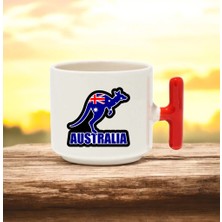 Australia Tasarımlı Kırmızı T Kulplu Seramik Baskılı Kupa Bardak 250 ml