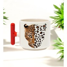 Leopar Tasarımlı Kırmızı T Kulplu Seramik Baskılı Kupa Bardak 250 ml