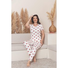 Charme Kadın Kısa Kol Uzun Alt Kalp Desenli Romantik Pijama Takımı