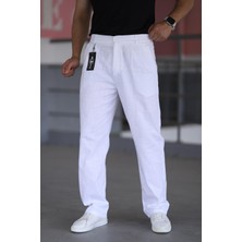 Çift Pileli Beyaz Renk Beli Yarım Lastikli Kaliteli Rahat Kesim Keten Baggy Pantolon