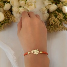 14 Ayar Altın Plakalı Leyla Ismine Özel Hakiki Turuncu Derili Kuş Figürlü Hediye BILEKLIK-468ISIM