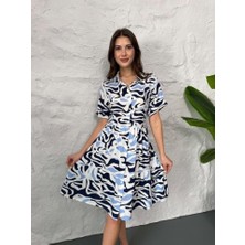 Baskılı Keten Elbise - Lacivert