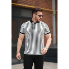 Erkek Çizgili Fermuar Yakalı Kısa Kollu Tişört
