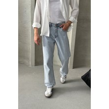 HYMAN Erkek Baggy Jean Pantolon Yüksek Bel Bol Kesim Denim Mavi Günlük Stil Düz Desen