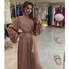 Taş Detaylı Balon Kol Elbise Günlük-Gece