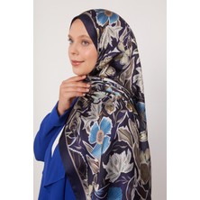 Lêvi D'or Koyu Lacivert Petunya Desen Hint İpeği Şal