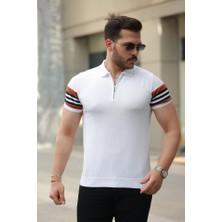 Erkek Fermuar Yakalı Kolları Desenli Kısa Kollu Tişört